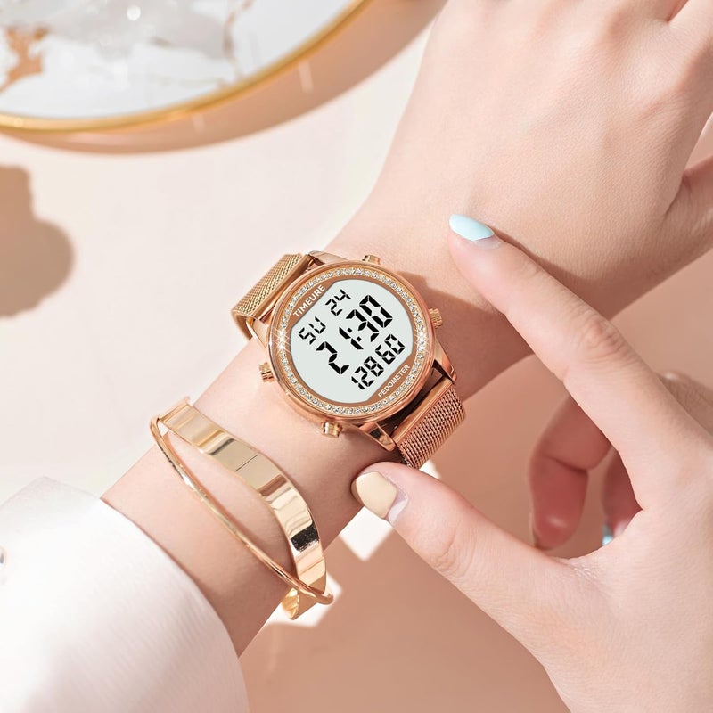 TIMEURE Women's Step Counter Pedometer Watch with Stainless Steel Bracelet, Stylish Design, No App, No Charging Needed for Step, Calorie, Distance, Alarm, Countdown Timer，TU-2401 - Image 5